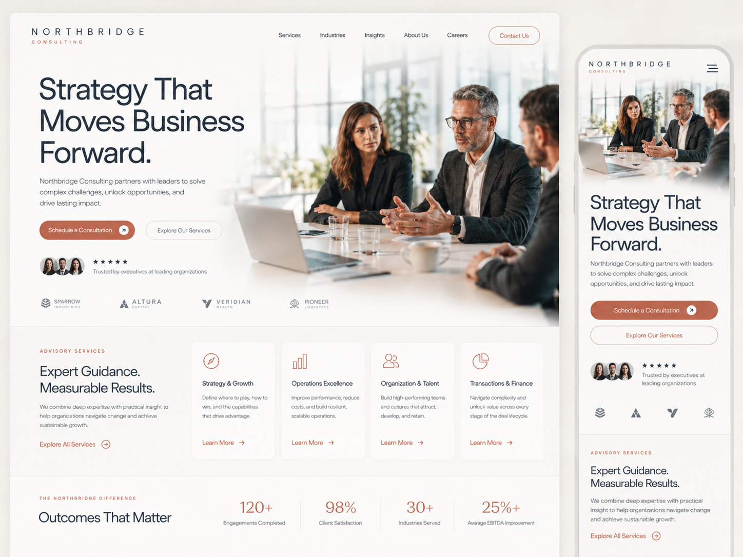 Business website homepage with team meeting photo and headline, “Strategy That Moves Business Forward.”