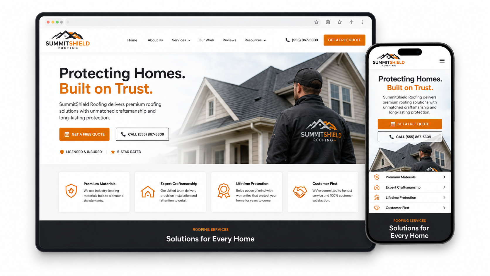 Website mockup for a home security company on desktop and phone, with a worker inspecting a house