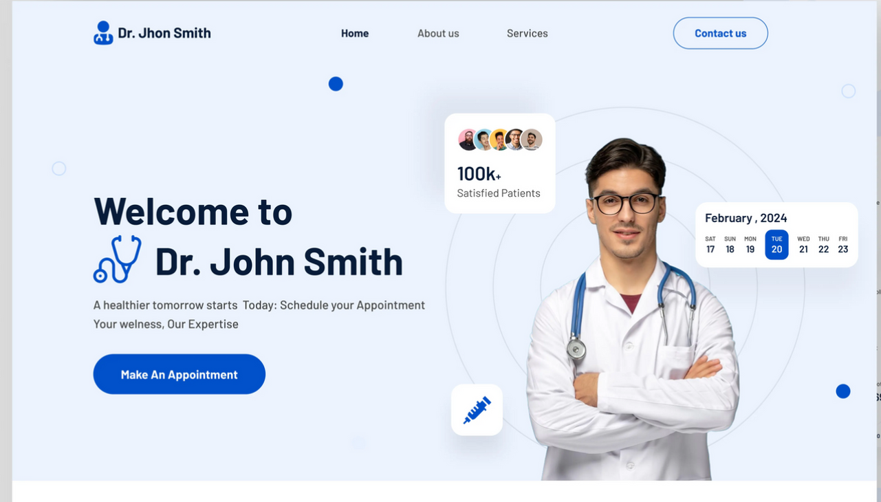 Website hero section for Dr. John Smith with a smiling doctor, appointment button, and blue medical-themed design