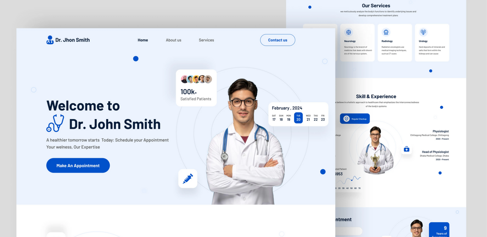Medical website homepage with a doctor portrait, blue-white layout, and “Welcome to Dr. John Smith” text