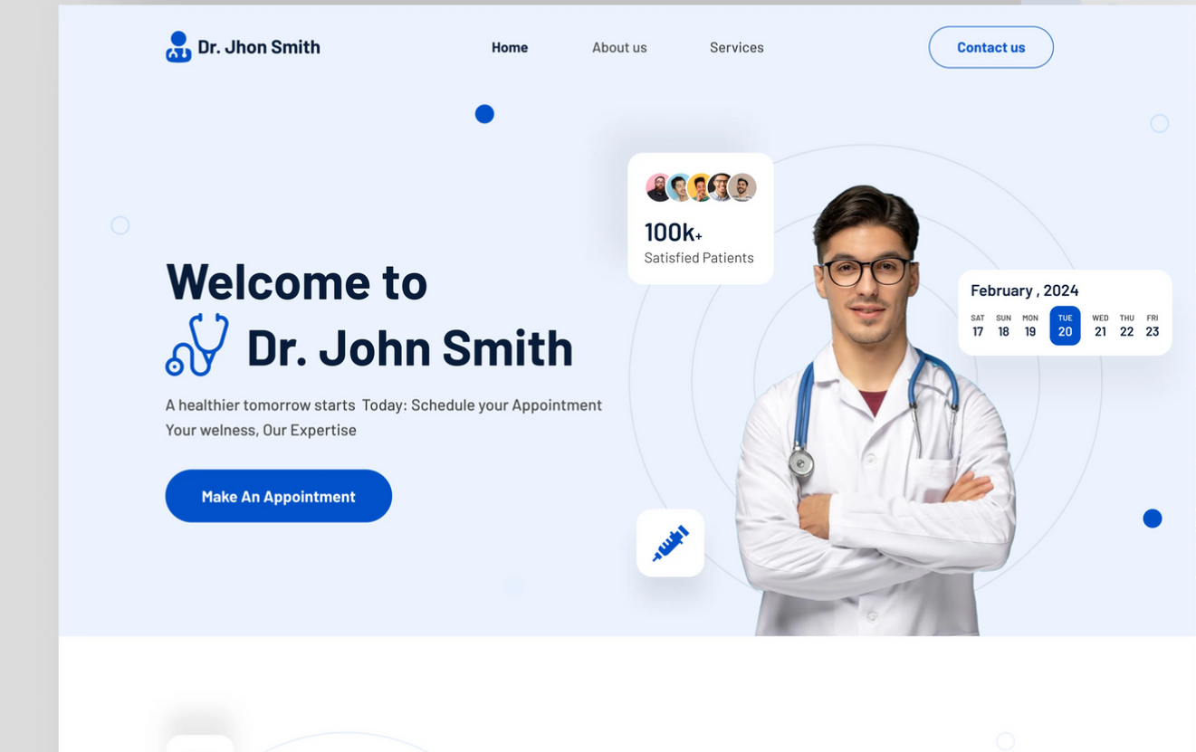 Website hero banner for Dr. John Smith with smiling doctor, blue accents, and appointment call-to-action