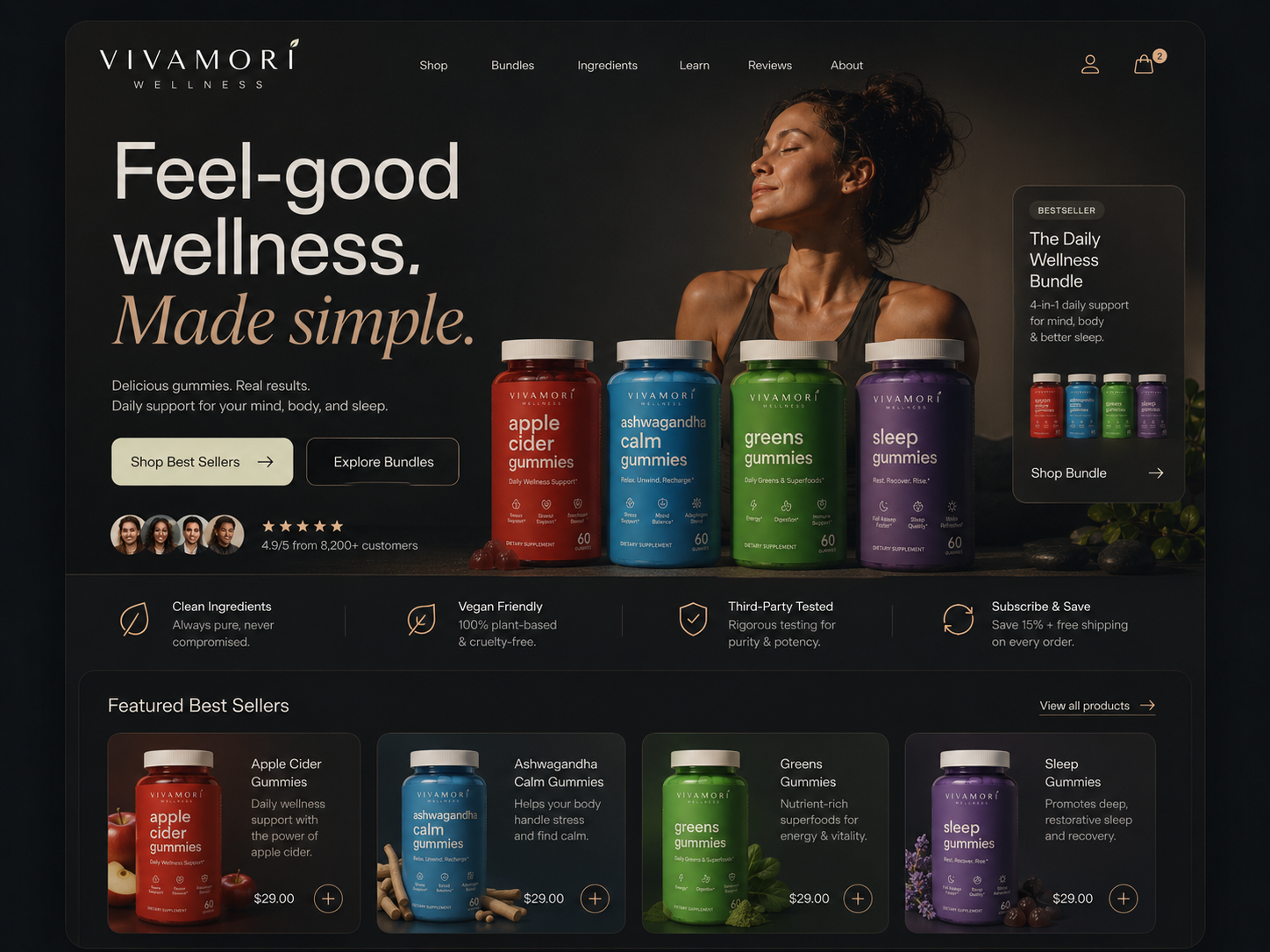 Supplement brand homepage with wellness slogan, model, and colorful supplement jars on dark background