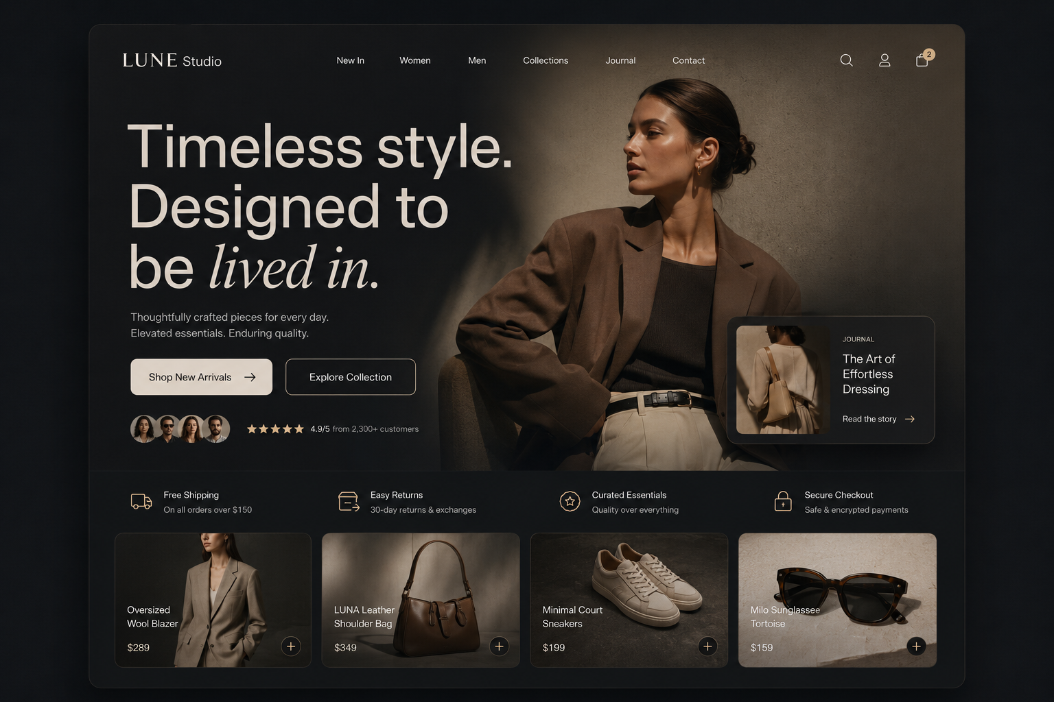 Luxury fashion homepage with dark-toned model and headline “Timeless style. Designed to be lived in.”