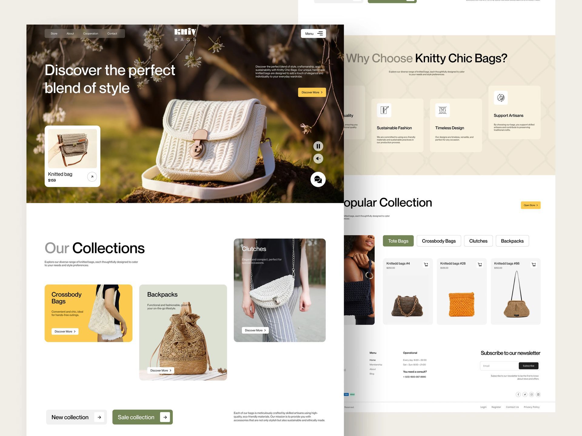 Collage of modern furniture ecommerce webpage mockups with beige and white product layouts