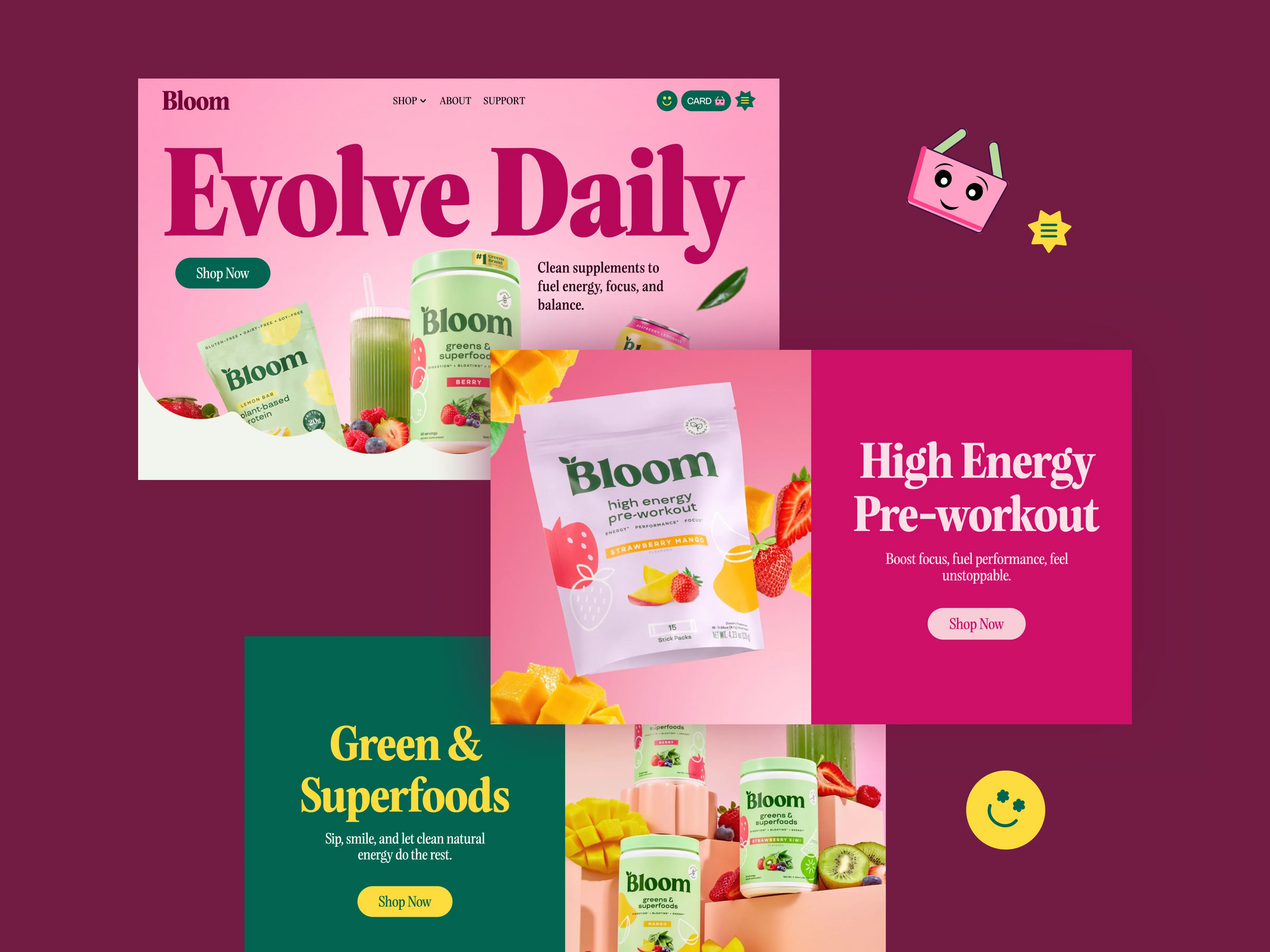 Pink promotional collage for Evolve Daily superfood and pre-workout drink mixes