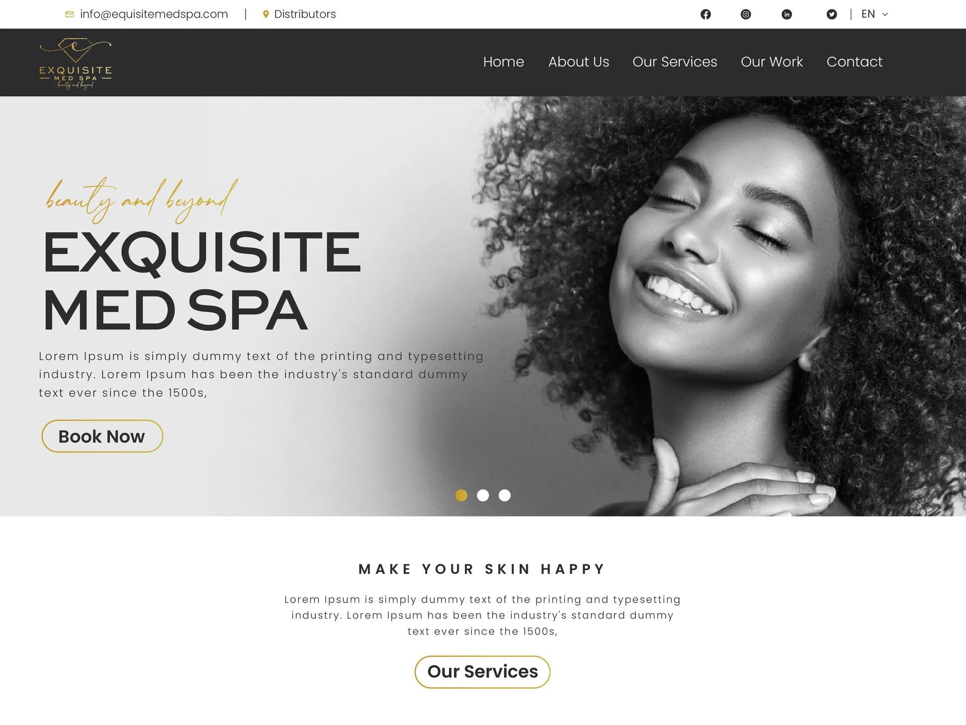 Luxury med spa website banner with smiling model, bold “Exquisite Med Spa” headline, and booking buttons
