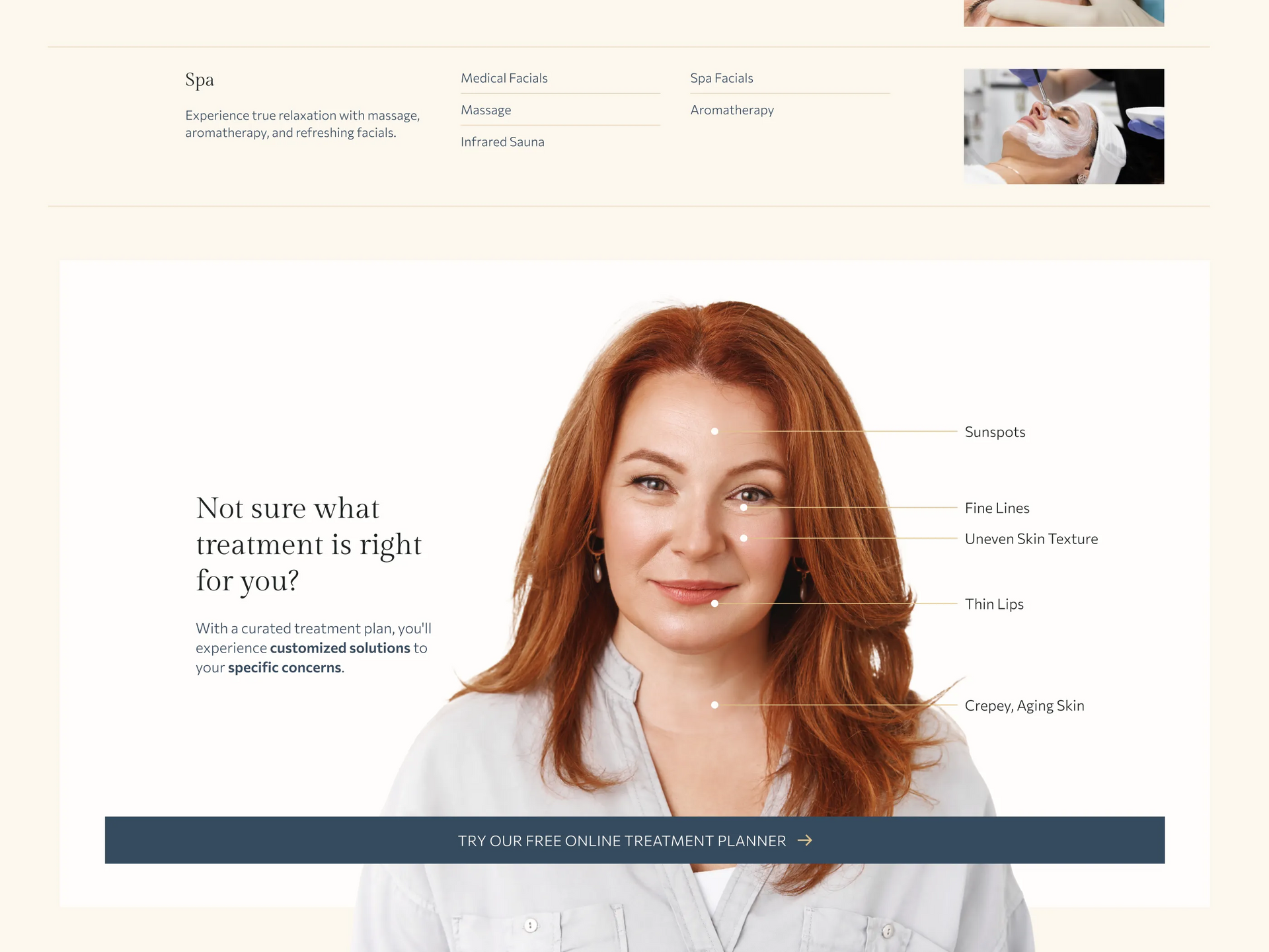 Website hero banner featuring a smiling red-haired woman with callout labels and a text block on the left