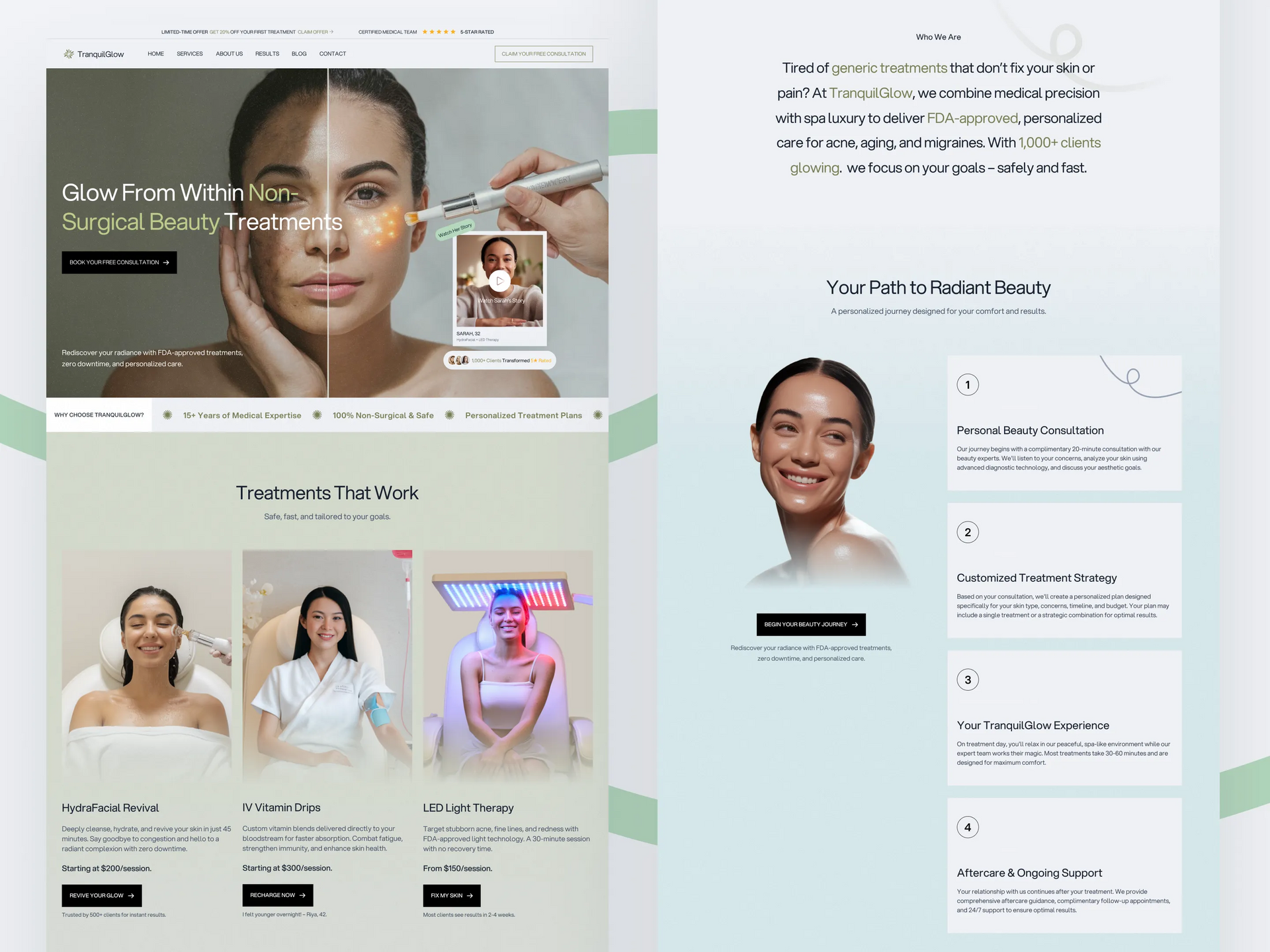 Cosmetic clinic website mockup with skincare hero images, treatment cards, and appointment form on soft pastel backgrounds