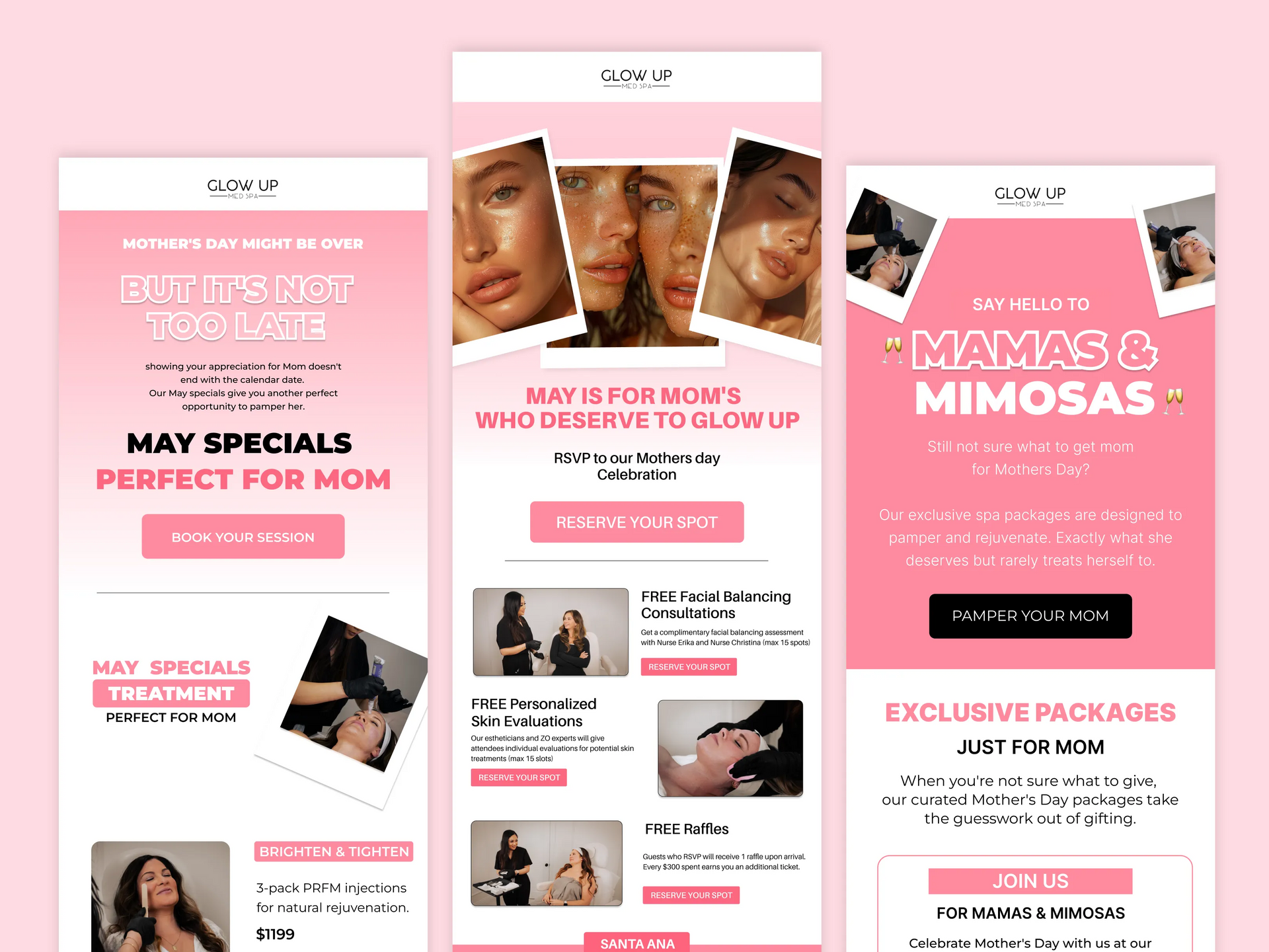 Pink beauty salon promo flyers advertising May specials, promos, and packages on a white background