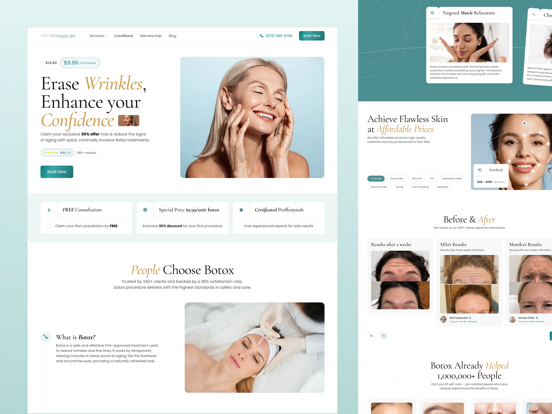 Collage of skincare website pages with smiling portraits and product sections on a soft teal and white layout