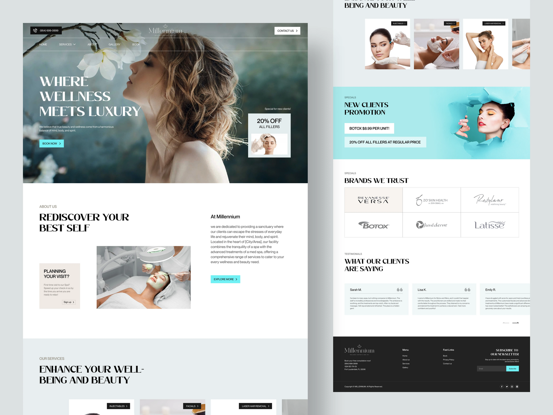 Website mockup with wellness-themed hero image, white layout, turquoise accents, and service cards