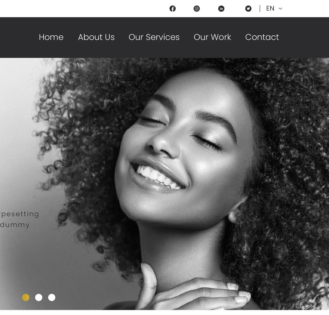 Smiling woman with curly hair in a black-and-white website hero banner