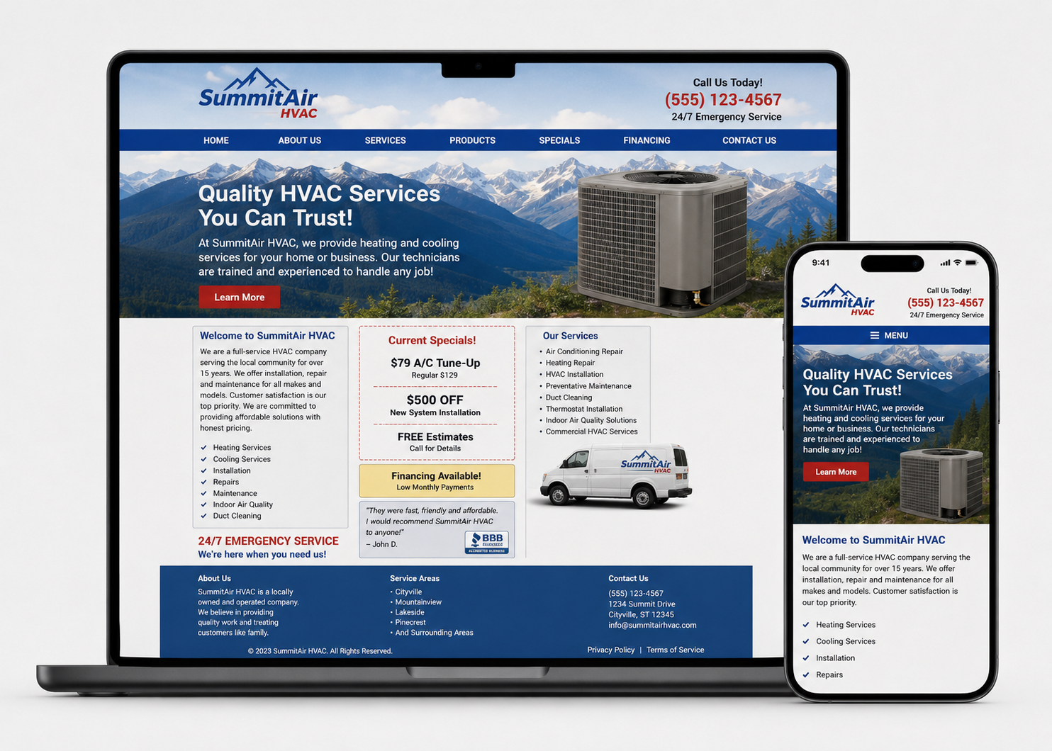 Laptop and phone displaying a blue HVAC service website with building and van images