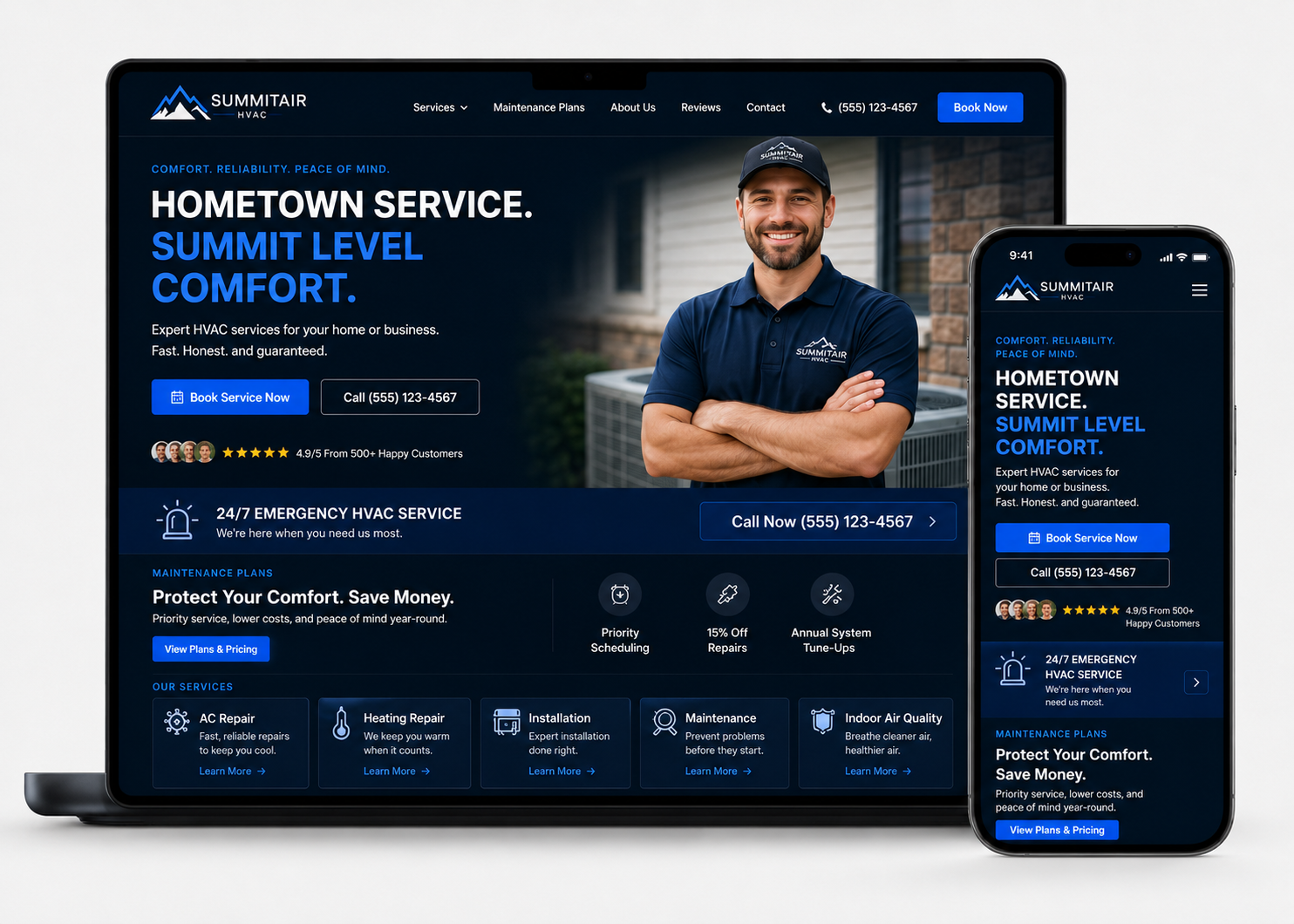 HomeTown Service website mockup on laptop and phone, showing a blue HVAC service homepage with a technician photo