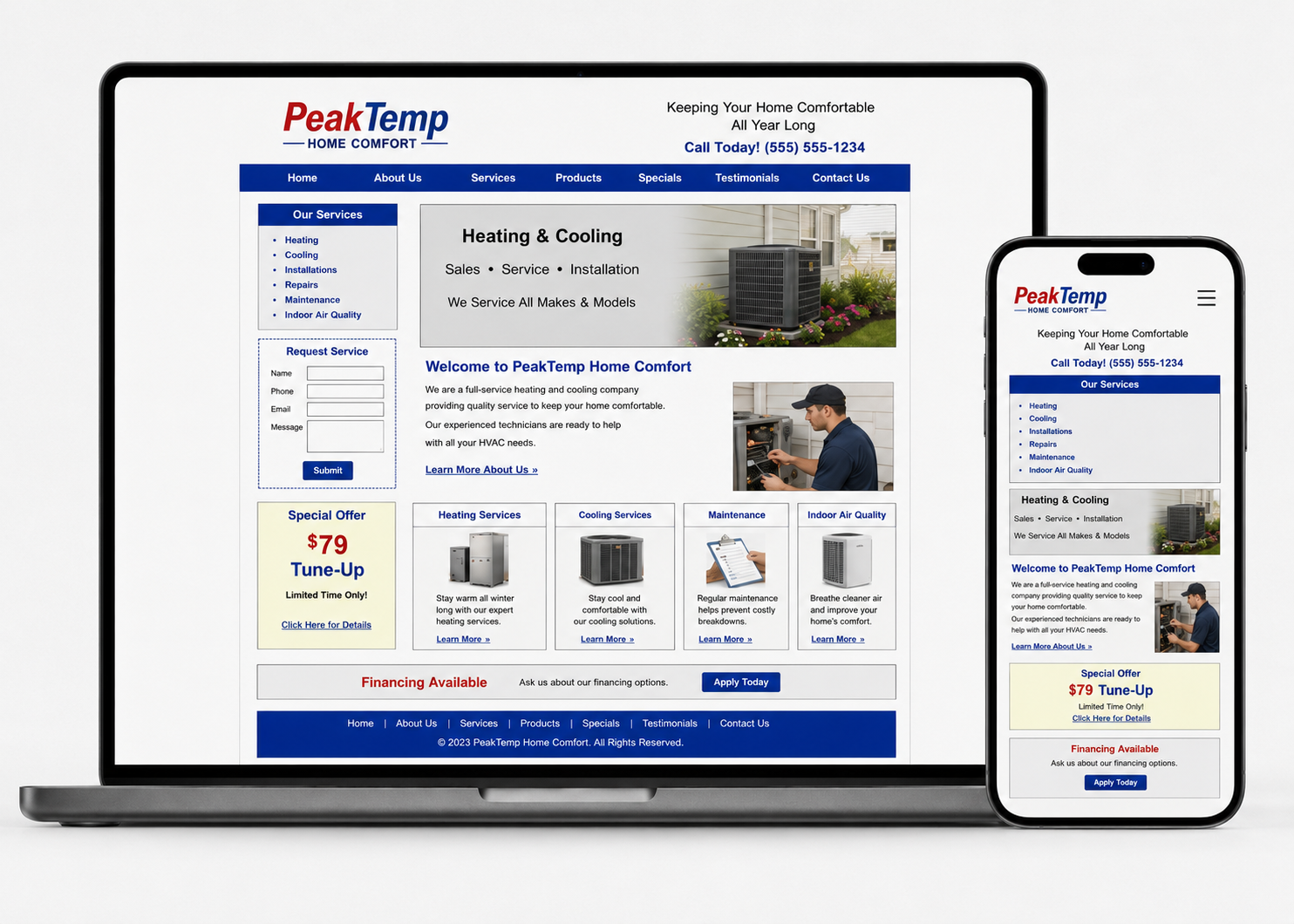 PeakTemp website displayed on laptop and smartphone, showing a responsive blue-and-white home page.