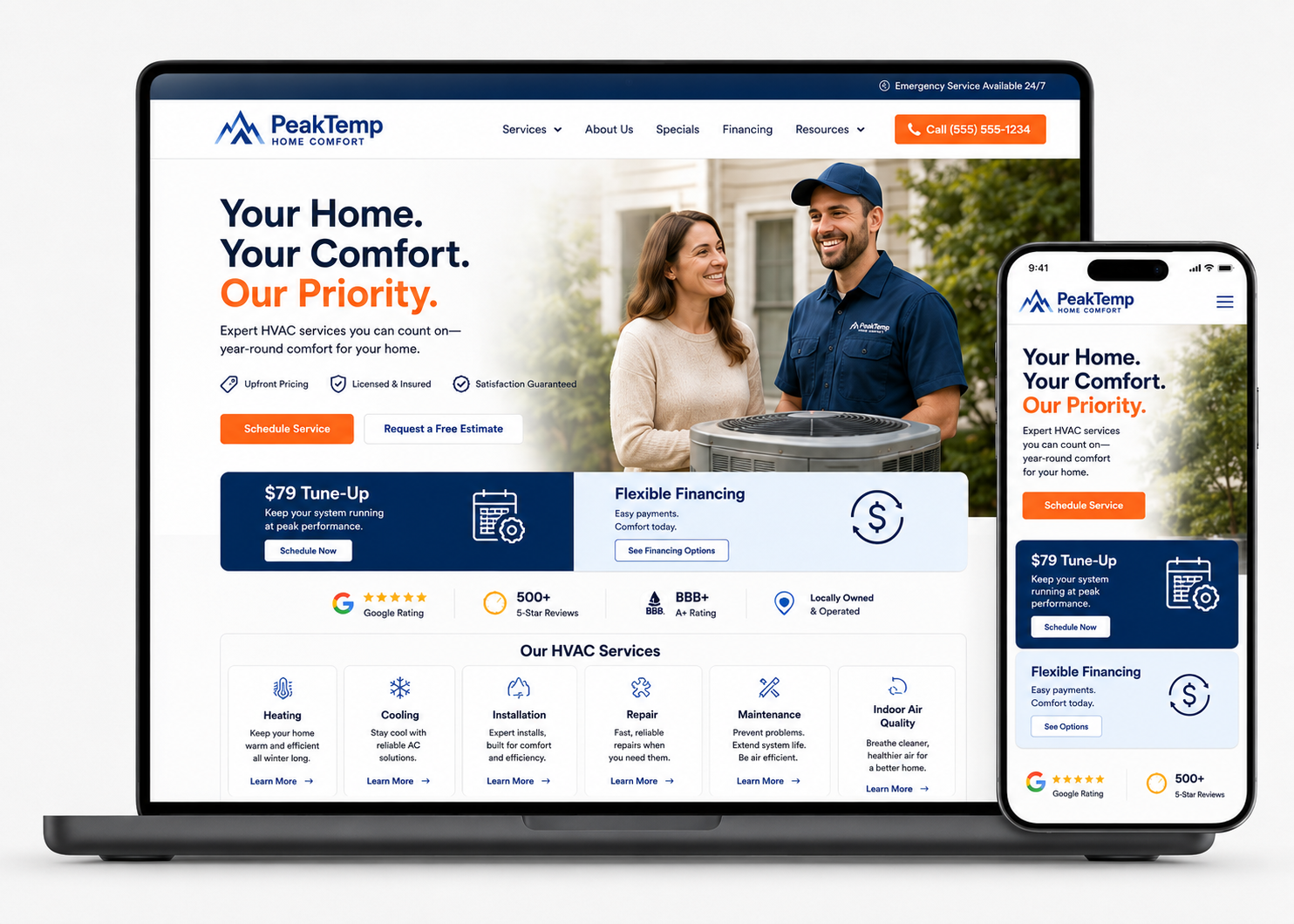 Laptop and phone displaying a home services website with a smiling couple and blue-orange branding