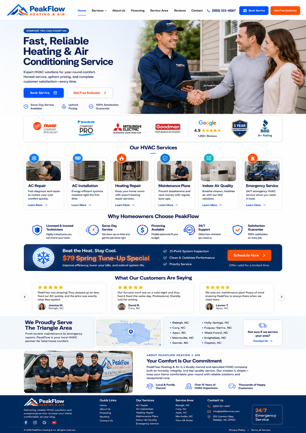 HVAC company homepage with technician greeting a customer and service offers displayed