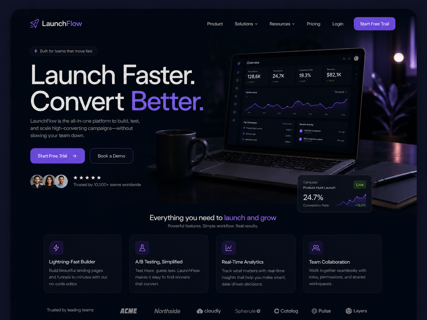 Dark SaaS landing page with “Launch Faster, Convert Better” headline and analytics dashboard mockups