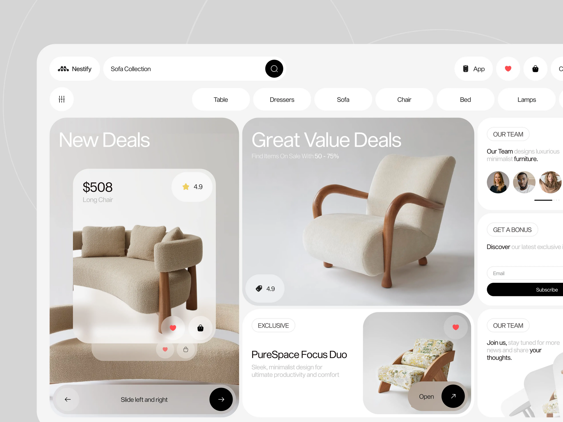 Modern furniture shopping dashboard with beige armchairs, product cards, and sidebar controls