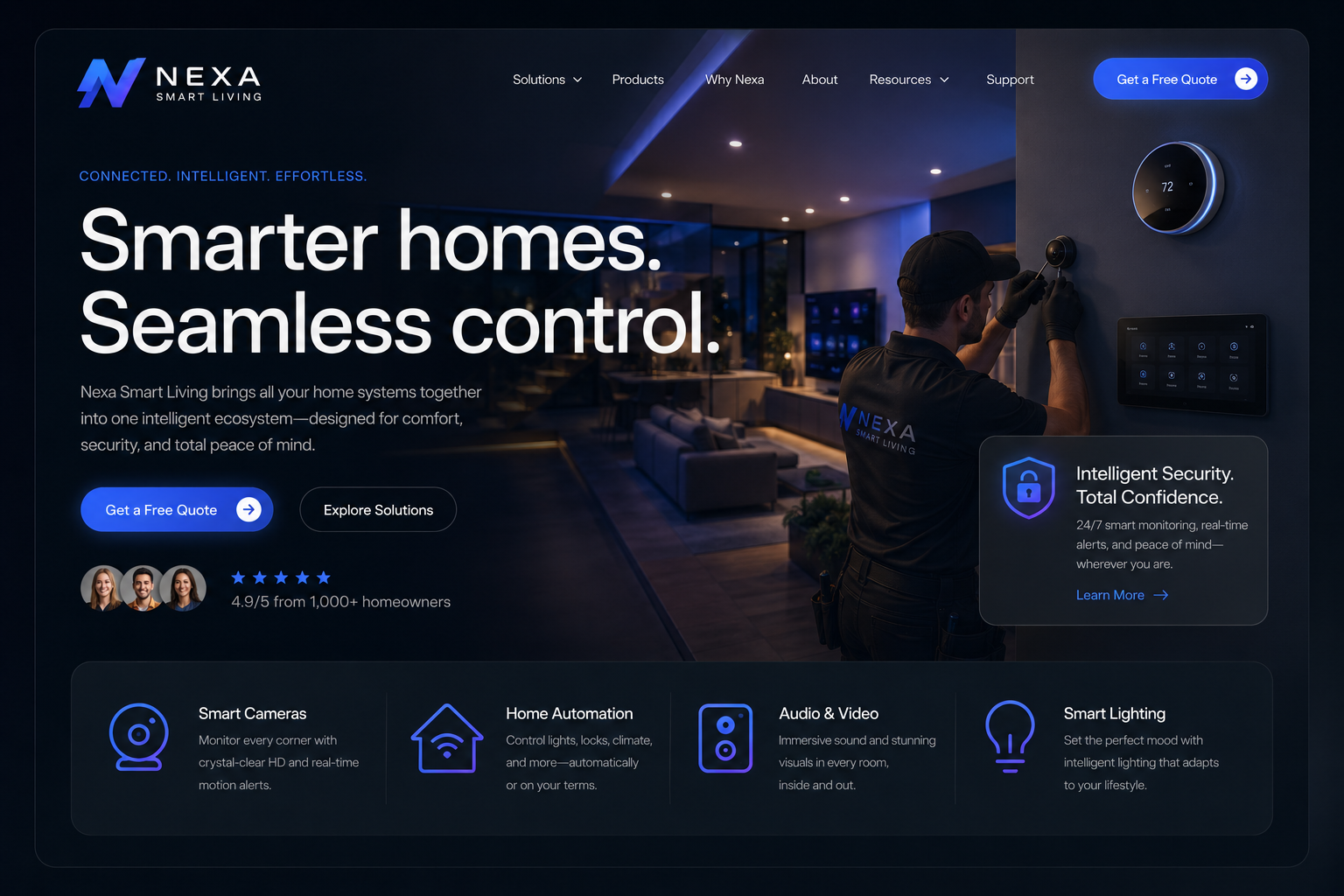 Smart home website hero banner with dark blue interior, “Smarter homes. Seamless control.” text, and feature icons