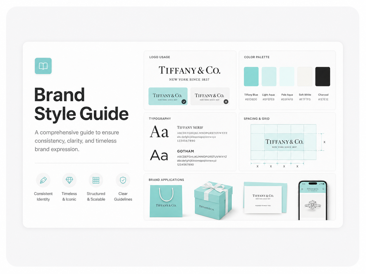 Brand style guide layout with Tiffany & Co. branding, mint accents, typography, and logo mockups