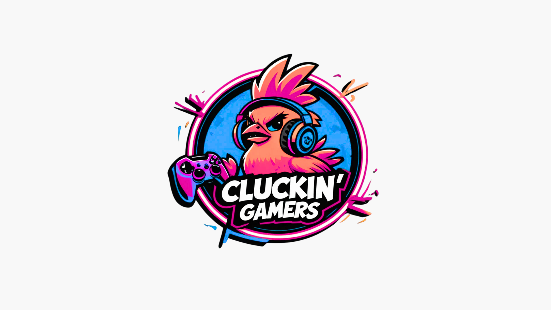 Colorful CLUCKIN' GAMES logo with a cartoon rooster in a pink-and-blue circular badge
