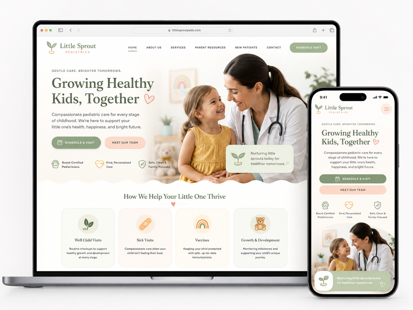Website mockup on laptop and phone showing pediatric clinic homepage with mother and child in a bright, clean layout