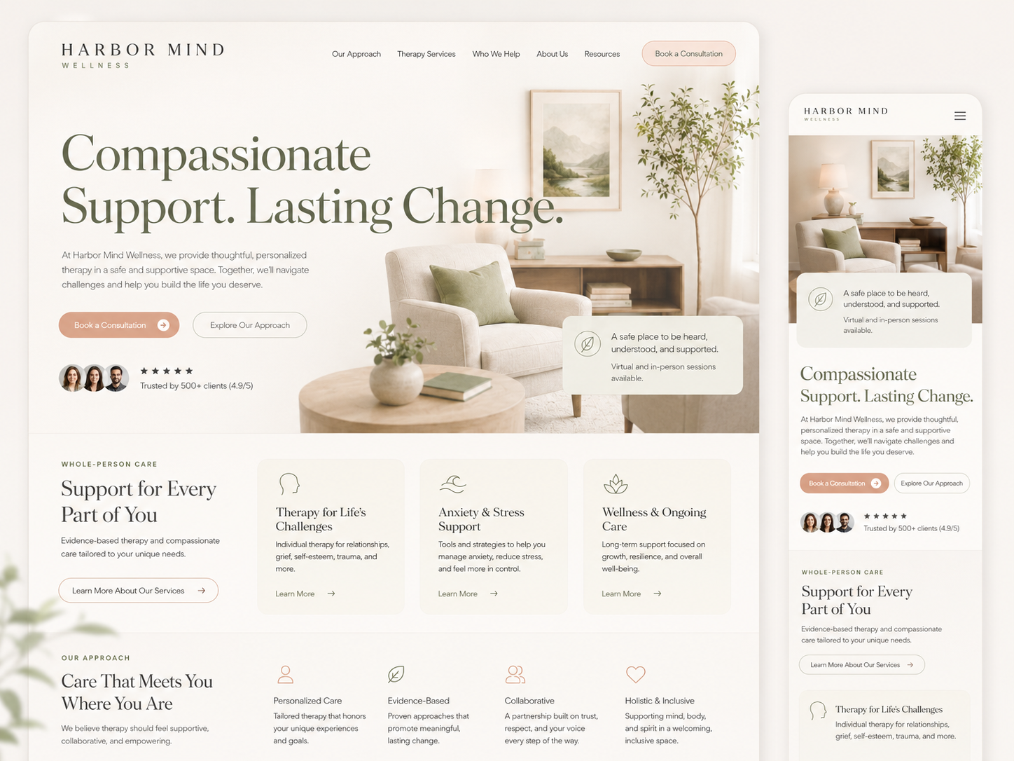 Therapy website homepage with beige tones, reading “Compassionate Support. Lasting Change.”