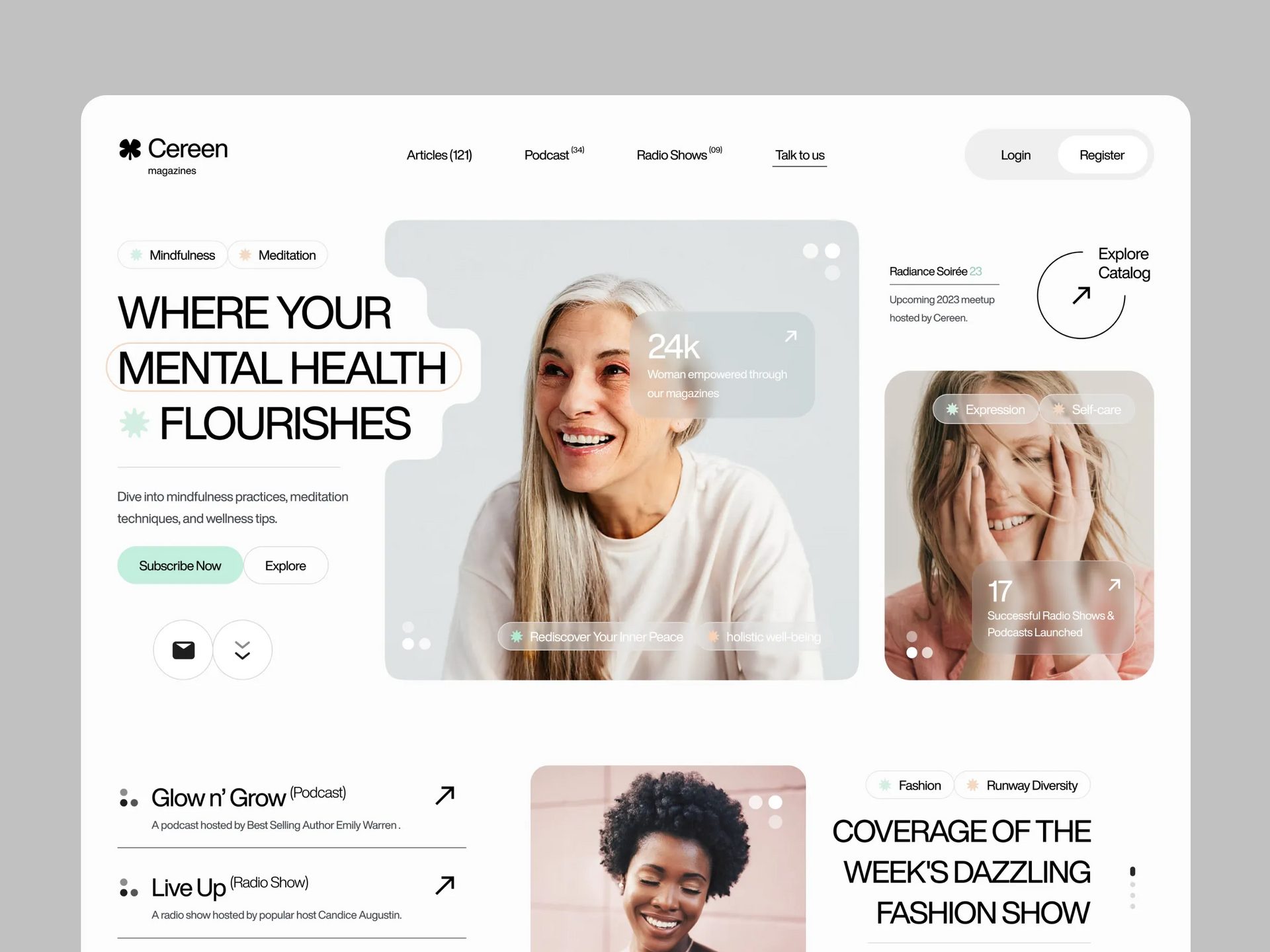 Mental health website homepage with smiling portraits and the headline “Where your mental health flourishes”