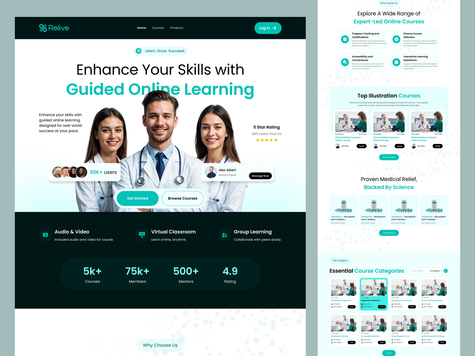 Online learning website homepage with teal accents, course cards, and a central instructor banner