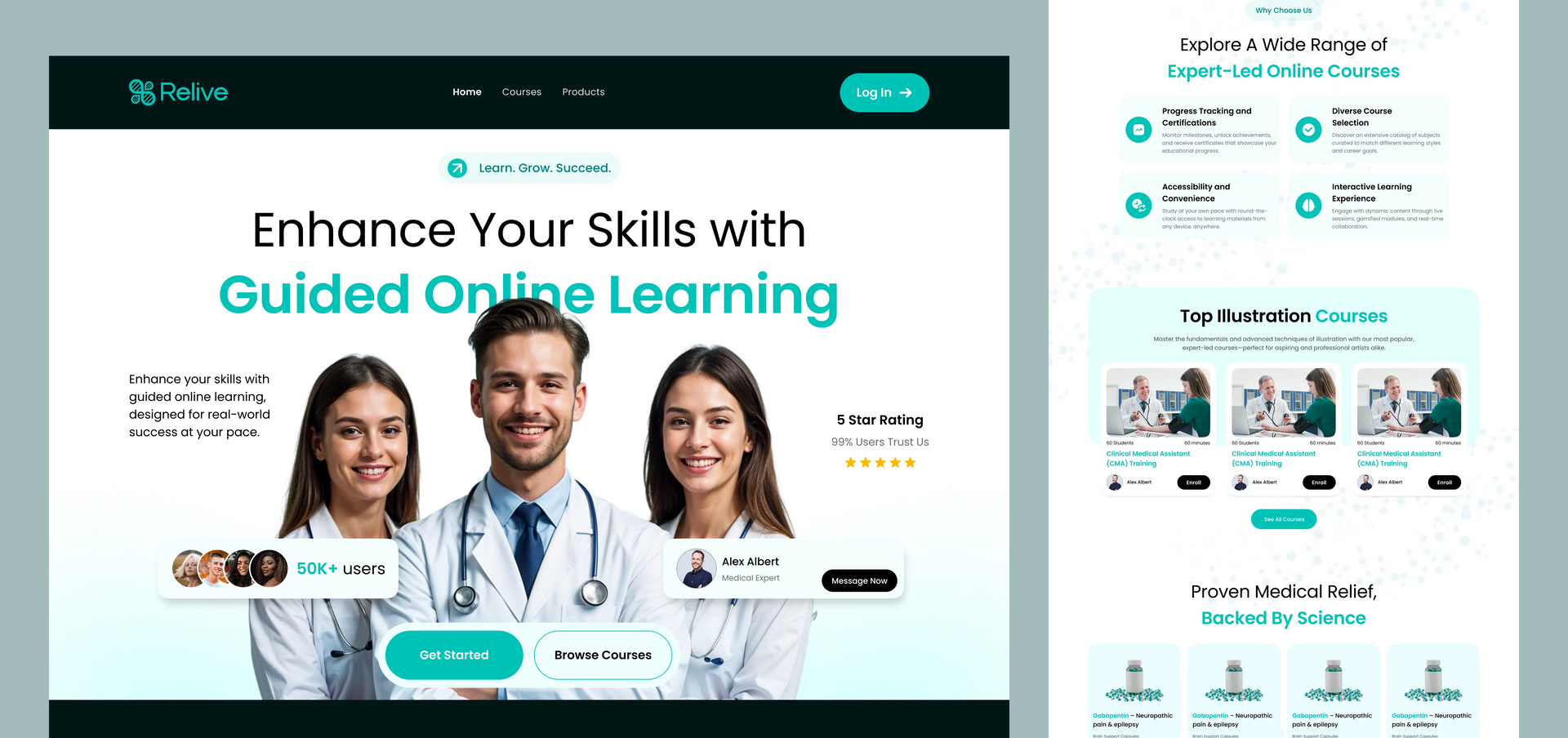 Online learning website homepage with teachers, teal accents, and “Enhance Your Skills” headline