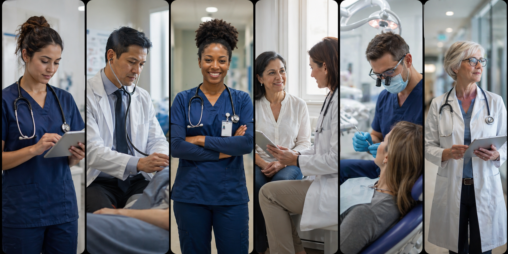 Healthcare workers consulting with patients in a clinic waiting area, shown in a multi-panel layout.