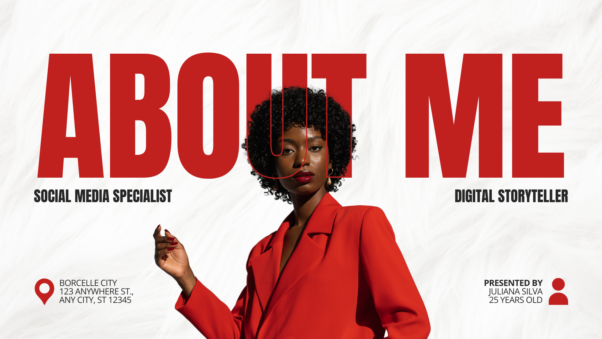ABOUT ME poster with a woman in a red suit on a white background, bold red text and social media terms