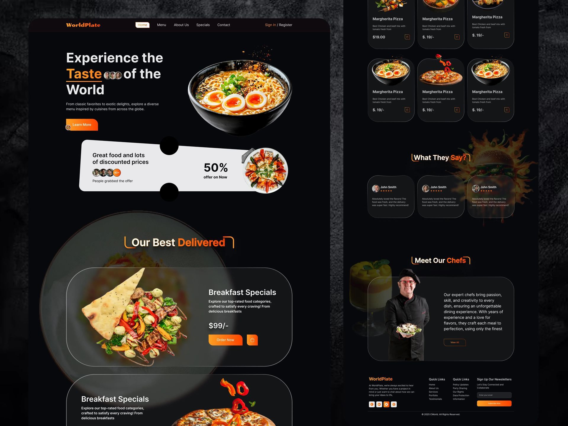 Dark food delivery landing page with pizza photos, menu cards, and orange call-to-action buttons