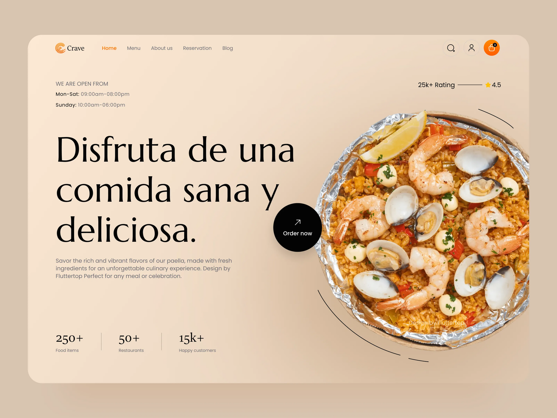 Página web de comida con texto “Disfruta de una comida sana y deliciosa” y un bowl de ensalada colorida.