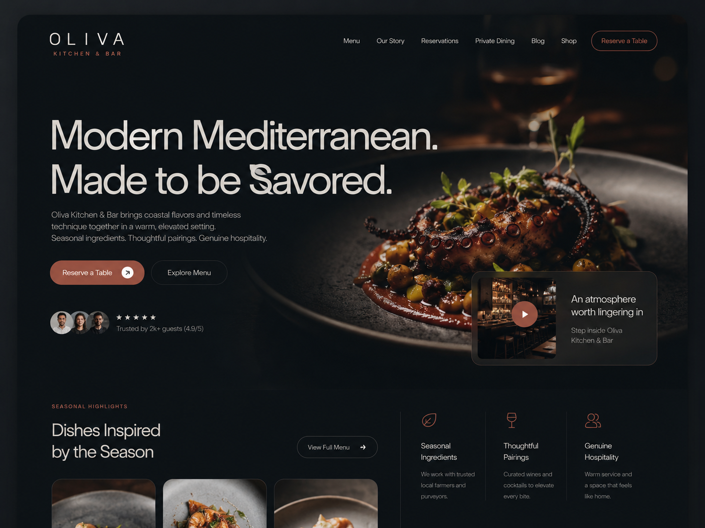 Dark restaurant website hero with plated Mediterranean dish and headline “Modern Mediterranean. Made to be Savored.”