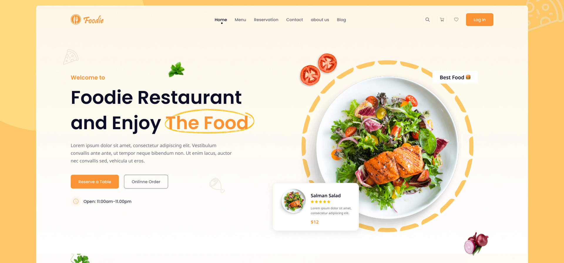 Foodie restaurant landing page with orange accents and a large plated salad hero image