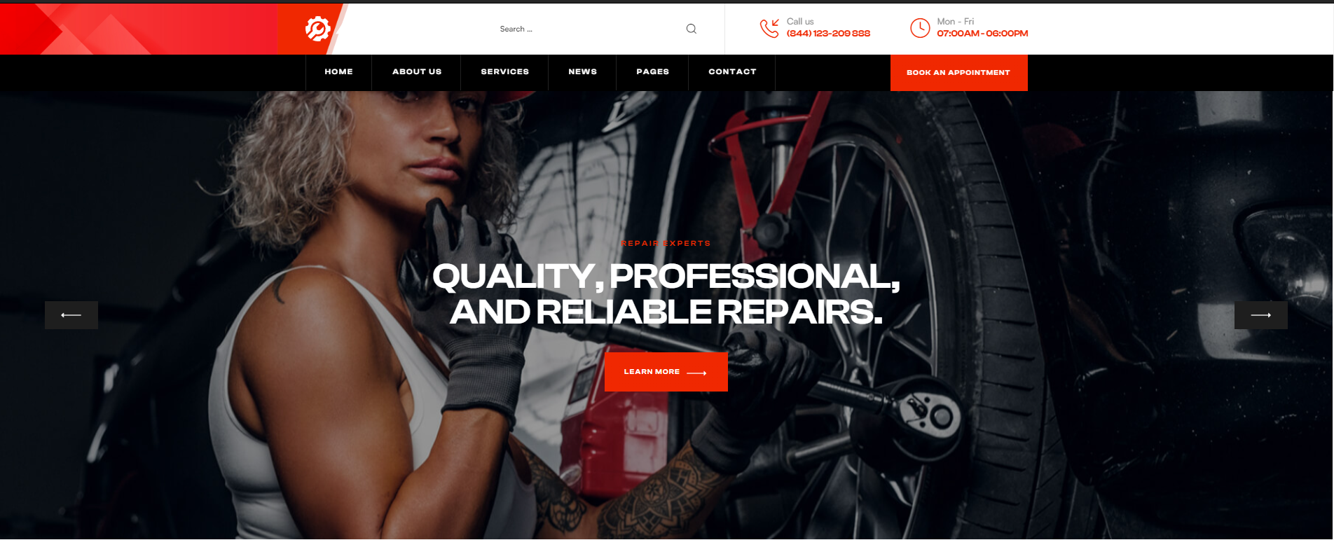 Woman in a black jumpsuit posing beside a red car with the text “Quality. Professional and reliable repairs.”