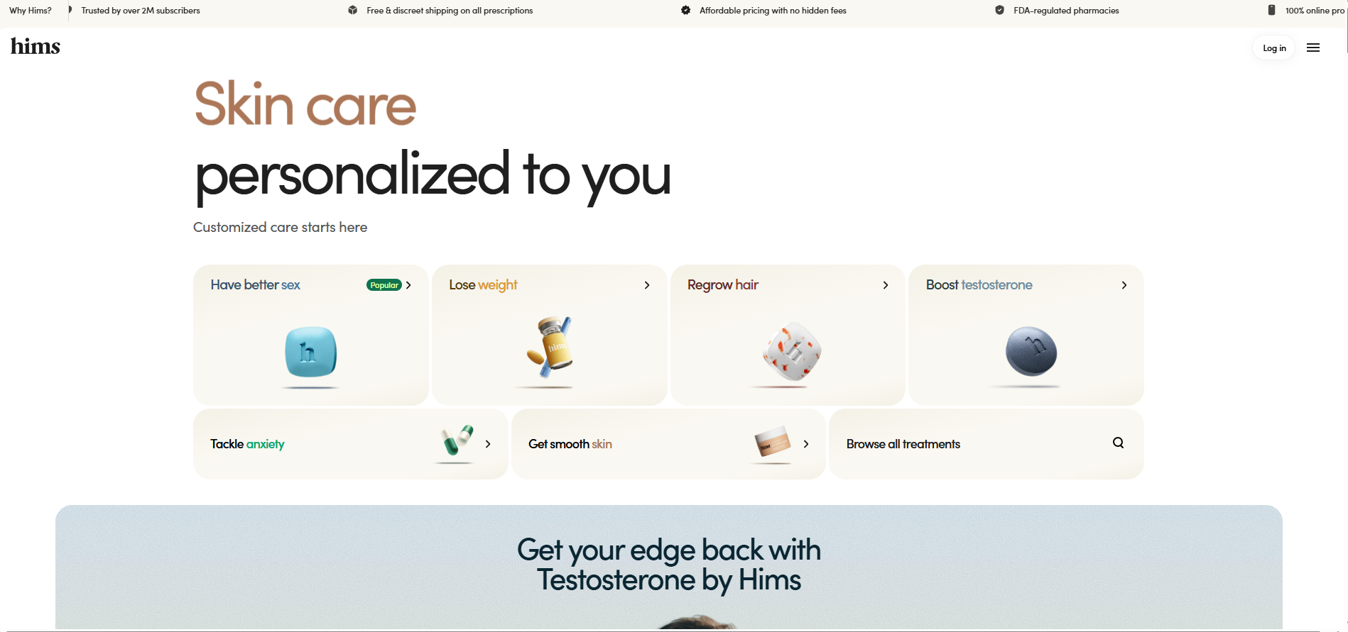 Website homepage for personalized skin care, with product tiles and a pale blue promotional banner