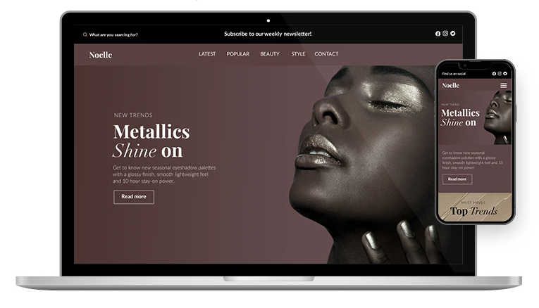 Laptop and phone showing a cosmetics website with a model and the headline “Metallic Shine On”