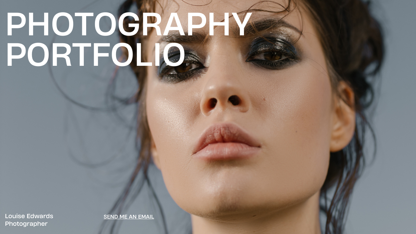 Close-up portrait of a woman with dramatic makeup beside the text “PHOTOGRAPHY PORTFOLIO”.