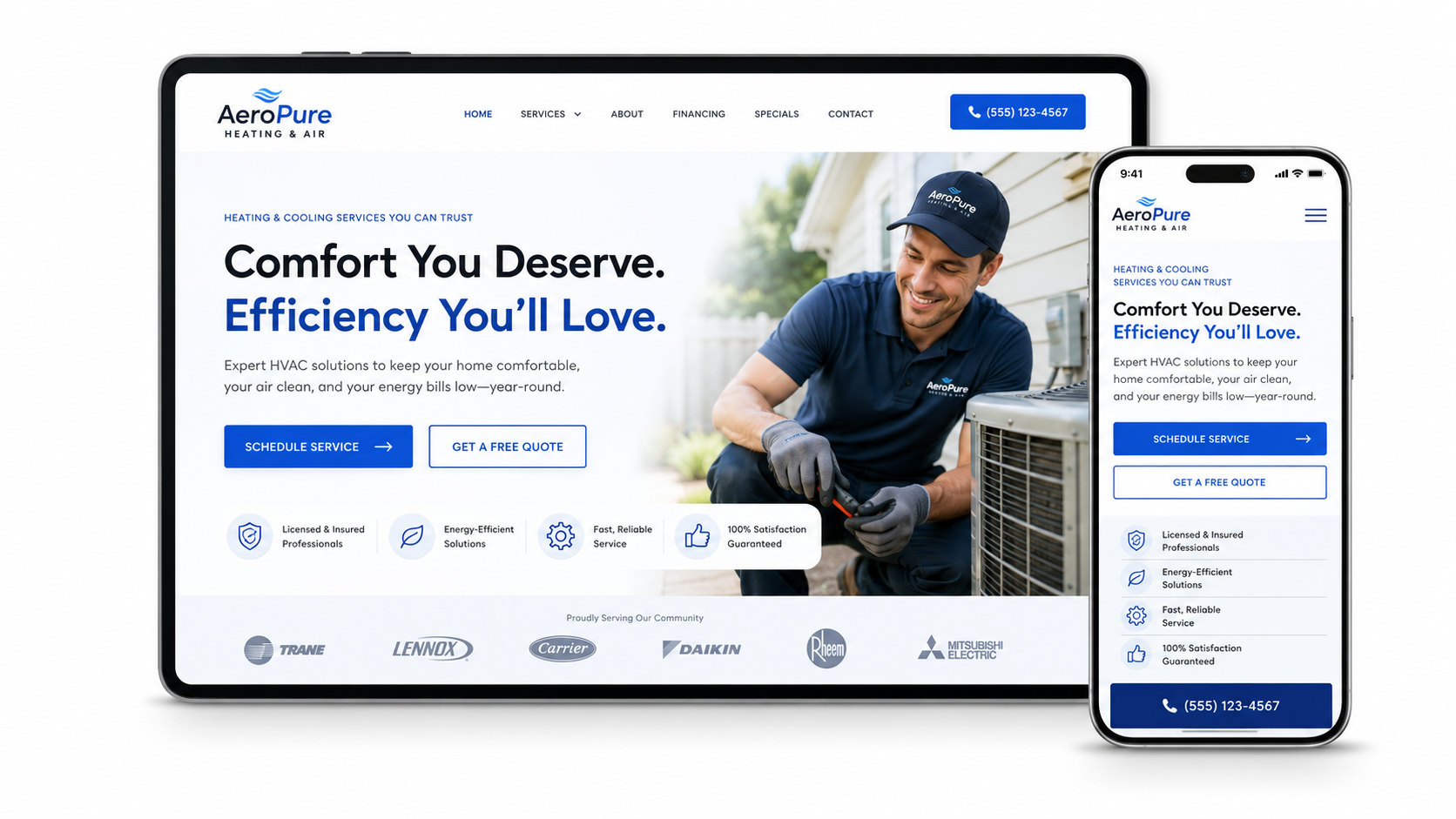 Website and phone mockup for a home services company, with a technician and blue call-to-action buttons