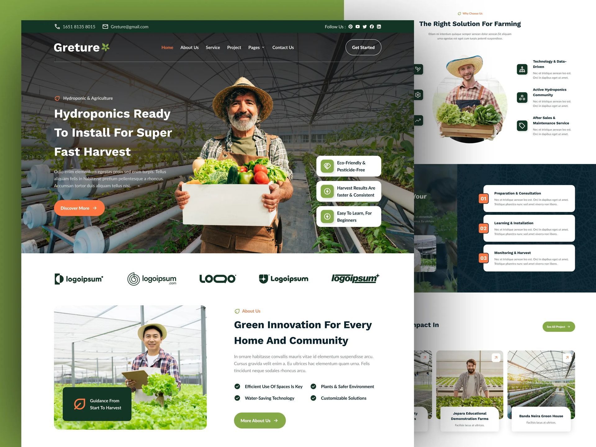 Website homepage promoting hydroponics for organic farming, with farmer holding fresh vegetables and product panels