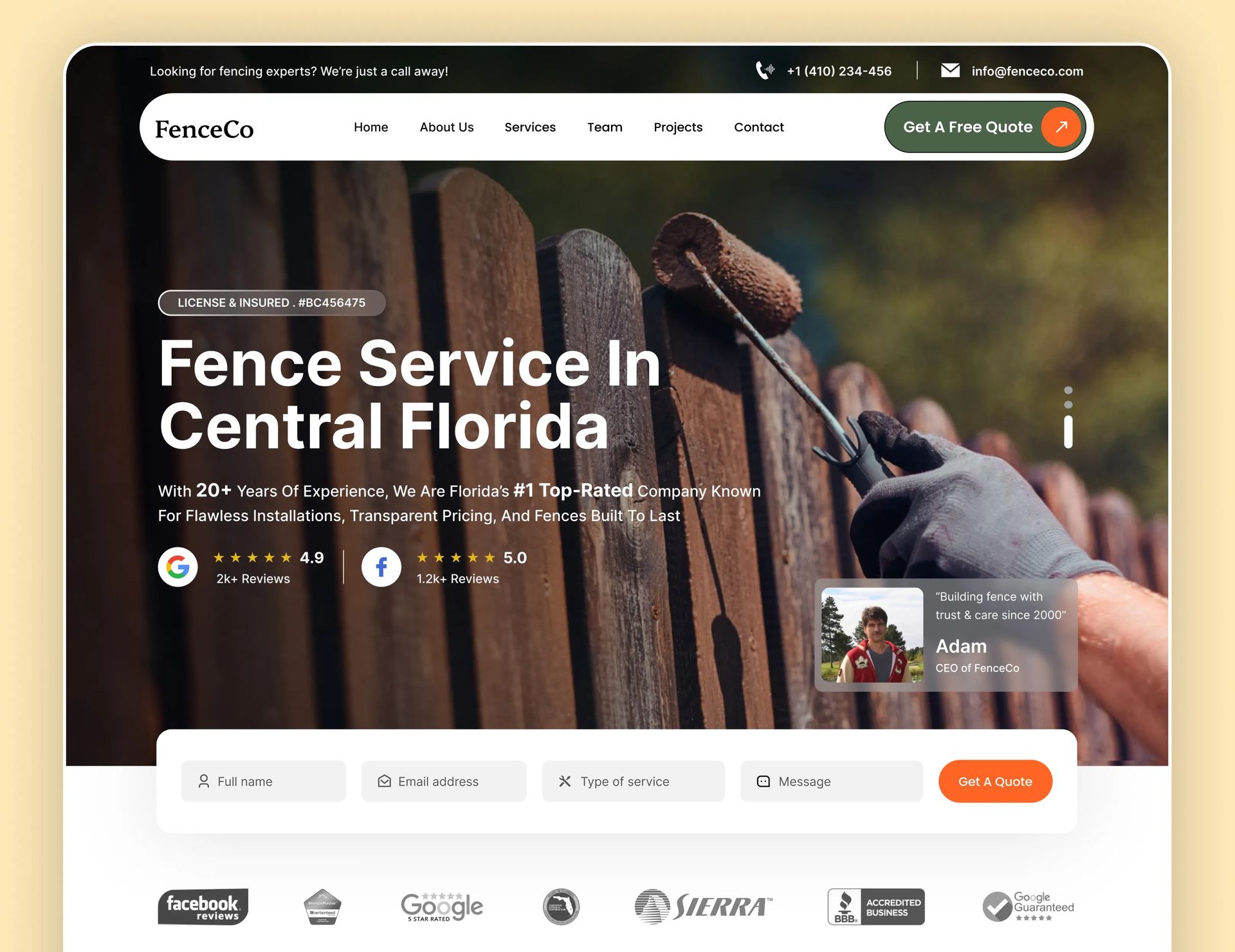 Website homepage for fence service in Central Florida, showing a worker installing a wooden fence.