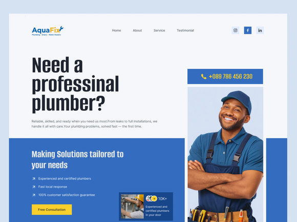 Plumber service website homepage with smiling technician in blue uniform and “Need a professional plumber?” headline