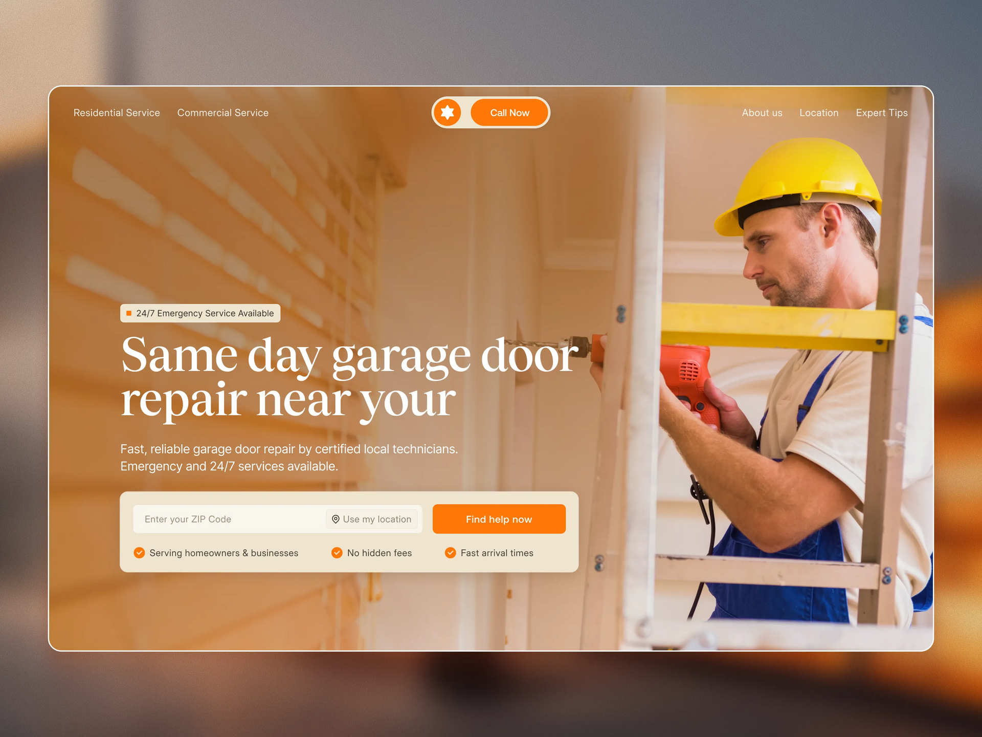 Garage door repair website hero with worker in yellow hard hat fixing a door, orange interface and headline.