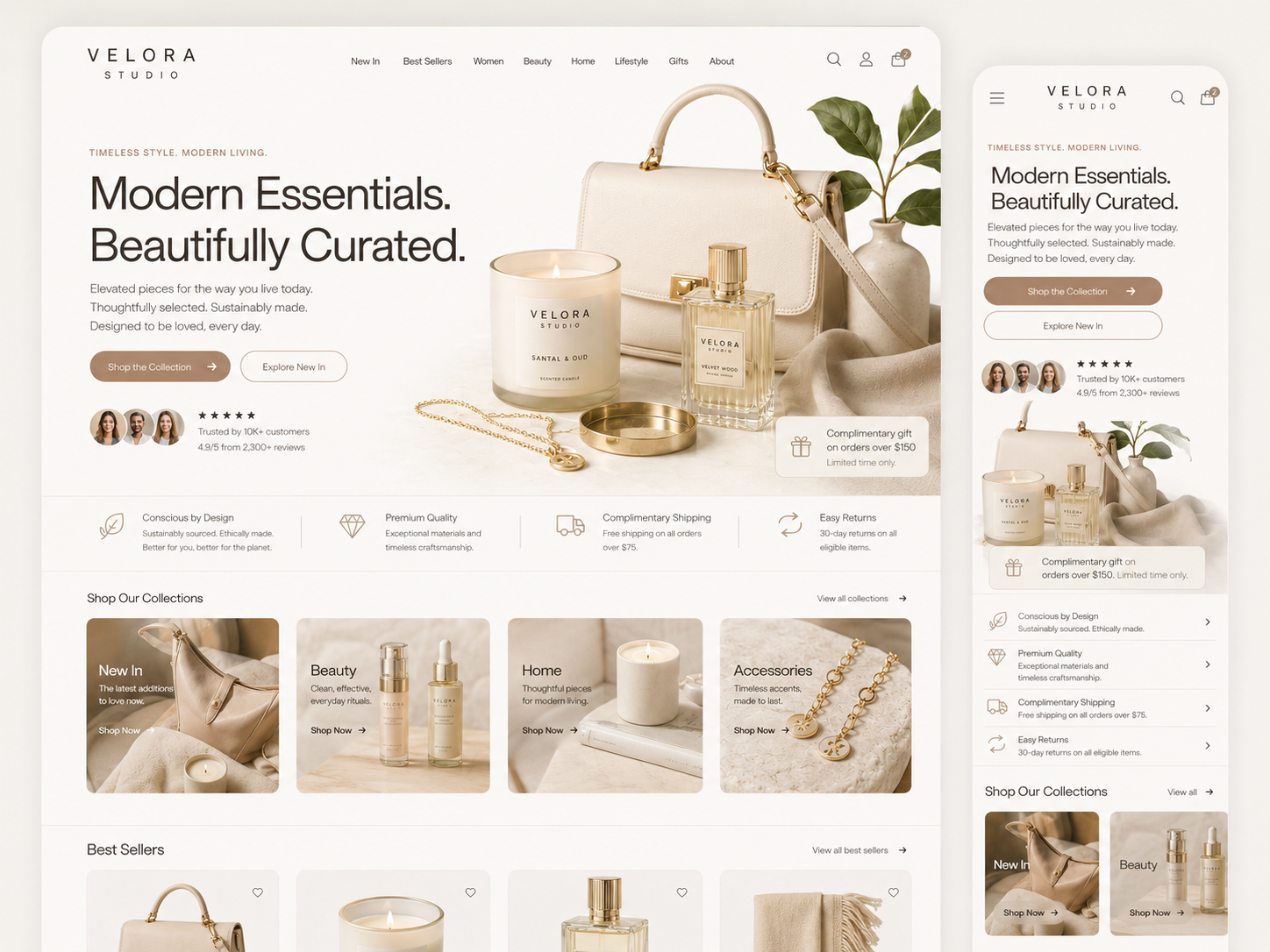 Minimal beige home decor e-commerce homepage with candles, vases, and curated product grids