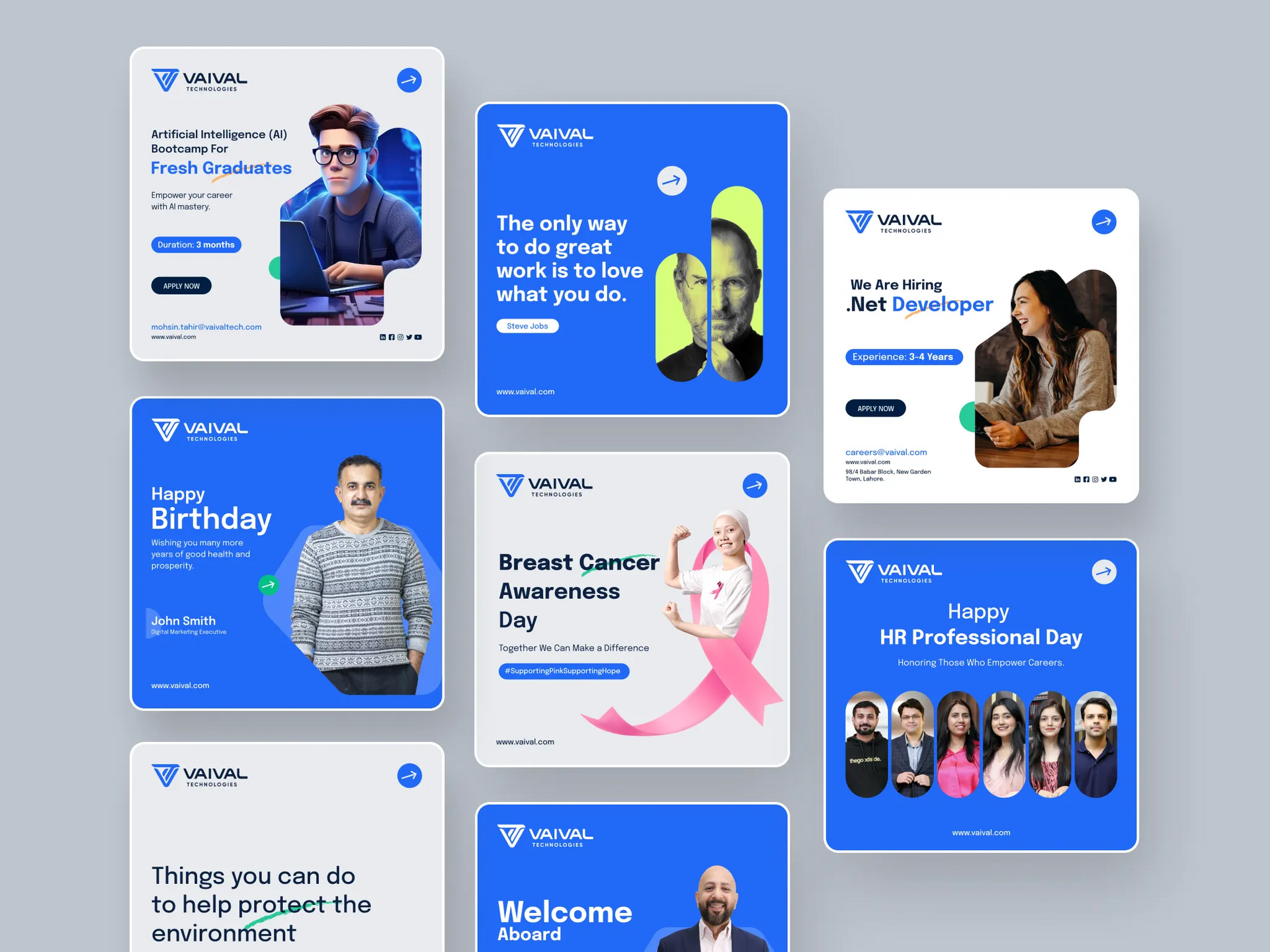 Blue social media template collage for webinars, courses, birthdays, and events with people photos