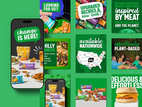 Green promo collage for plant-based meals, with mobile app screenshots and food packaging.