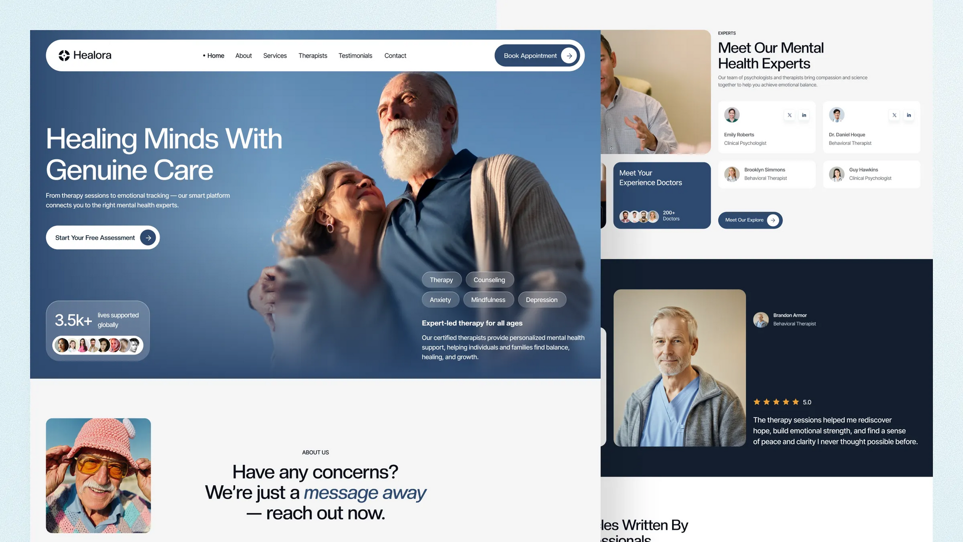 Homepage mockup for a hearing care service, with blue hero banner and doctor with a patient using hearing aids